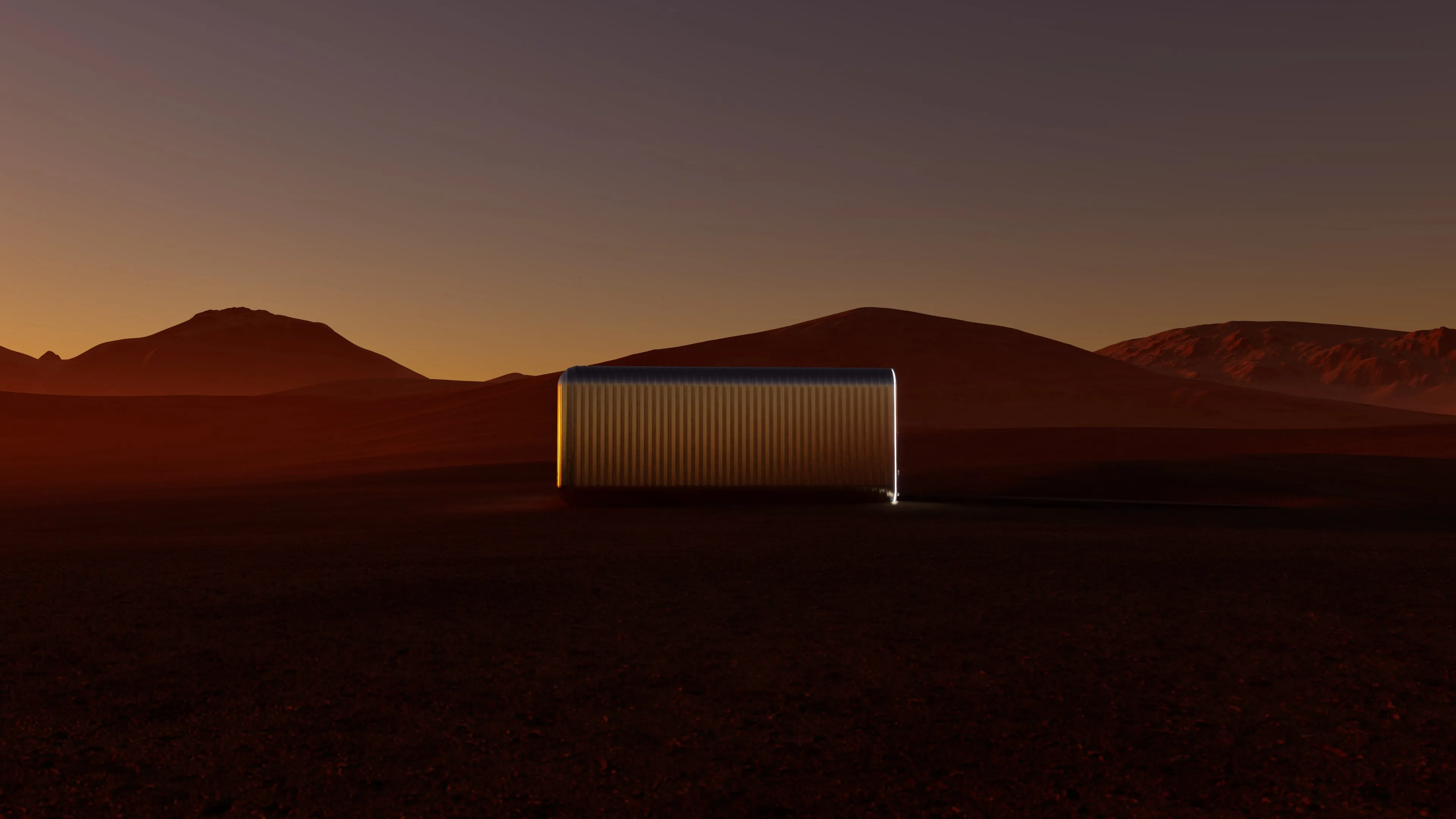 Closed Sonic hub glowing at dusk on Mars