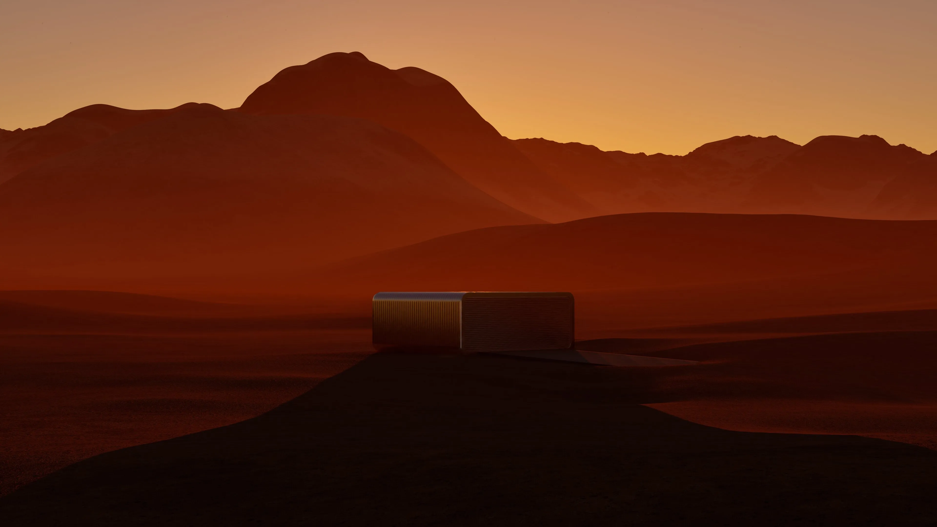 Sonic hub resting on a Martian ridge at sunset