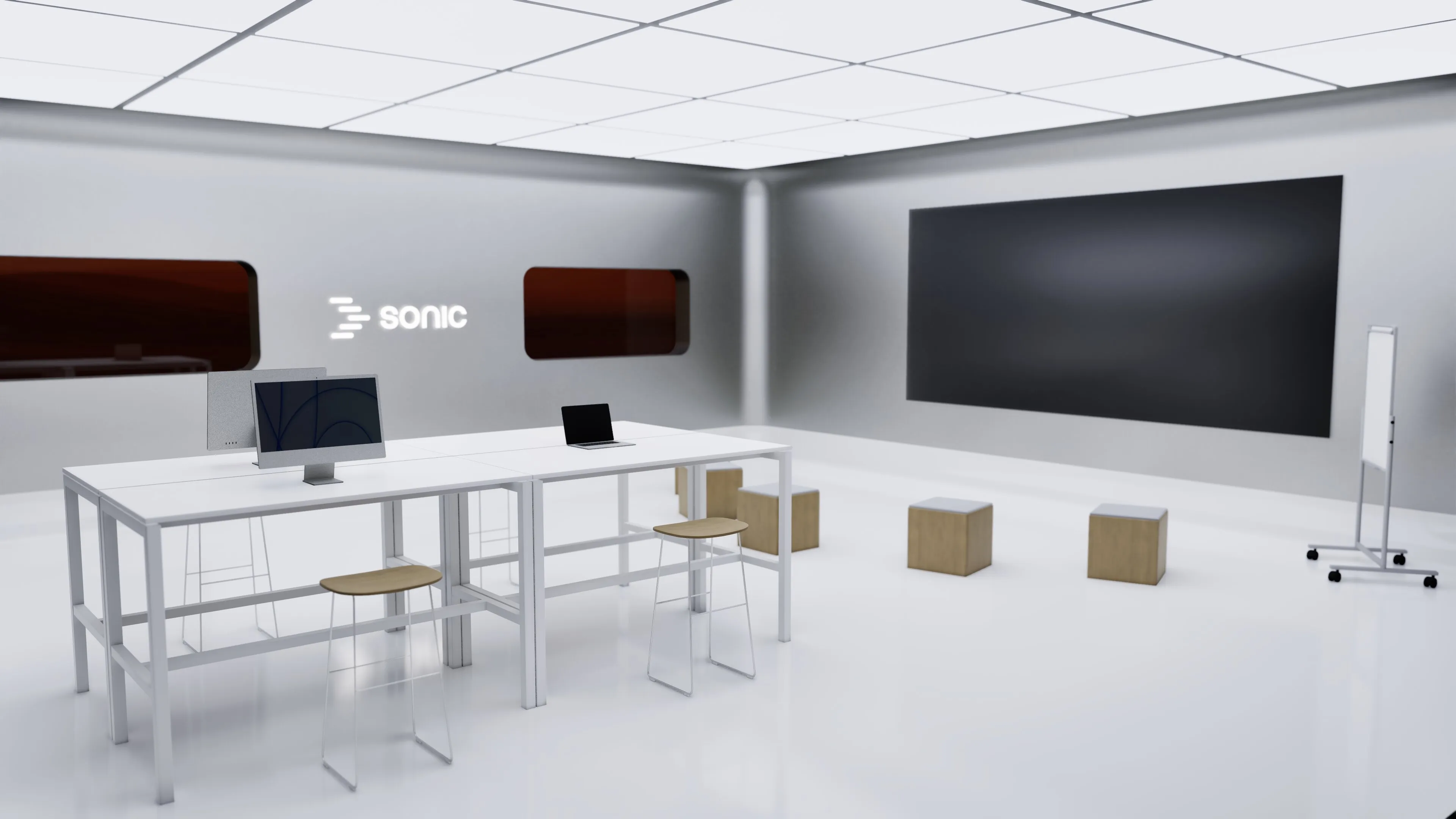 Sonic hub interior workspace with branded wall